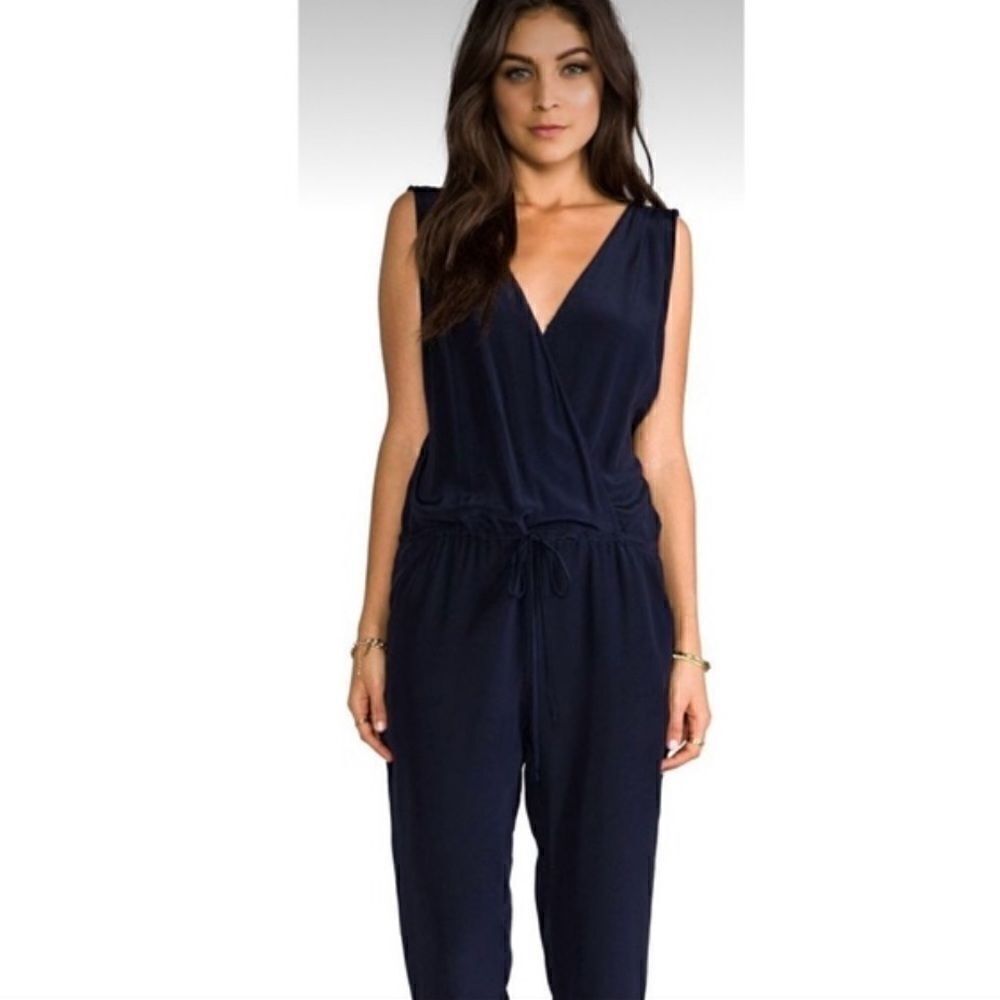 Anthro Rory Beca Navy Silk Cinch Waist Jumpsuit